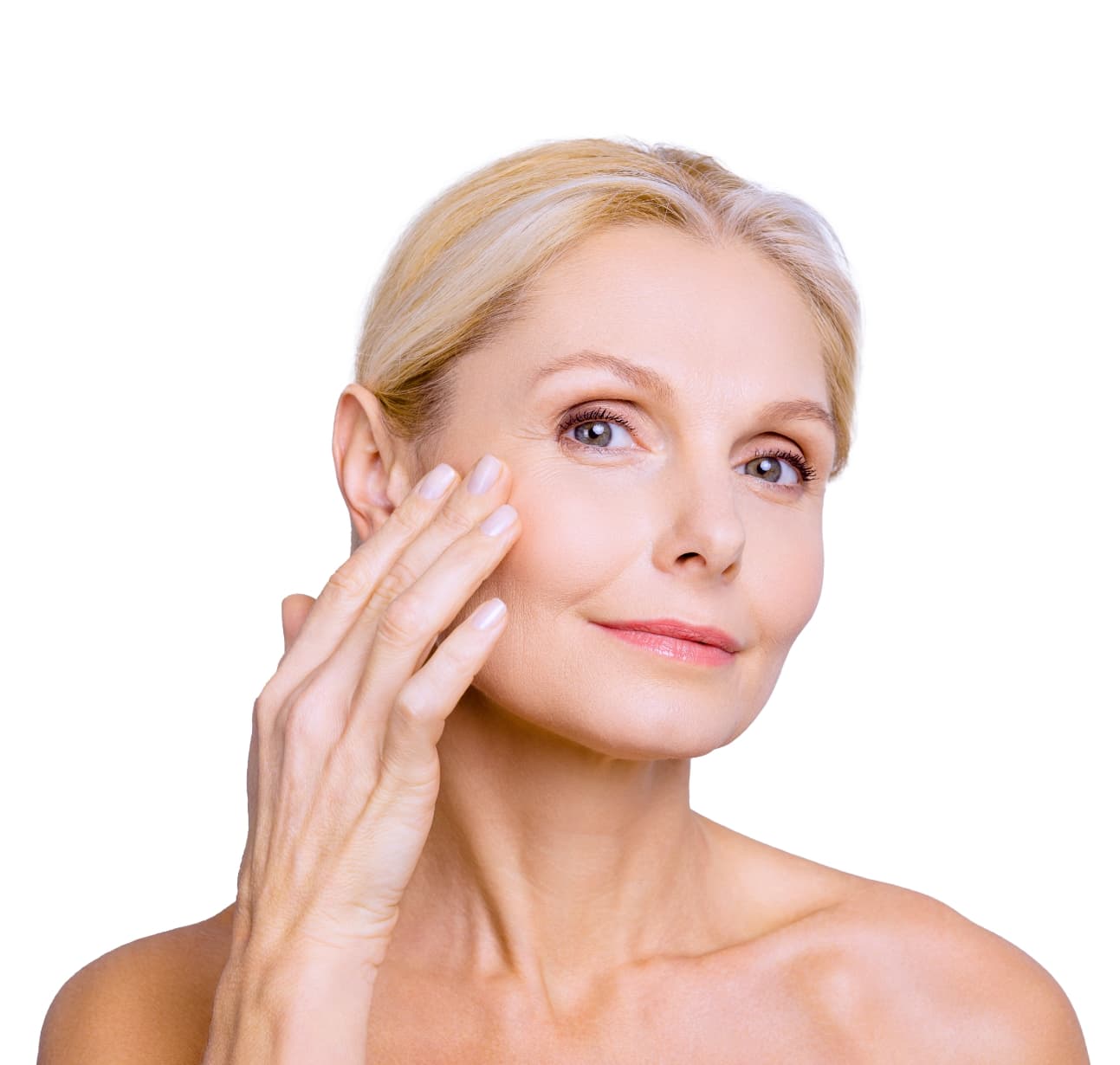 Middle aged woman touching her face with right hand